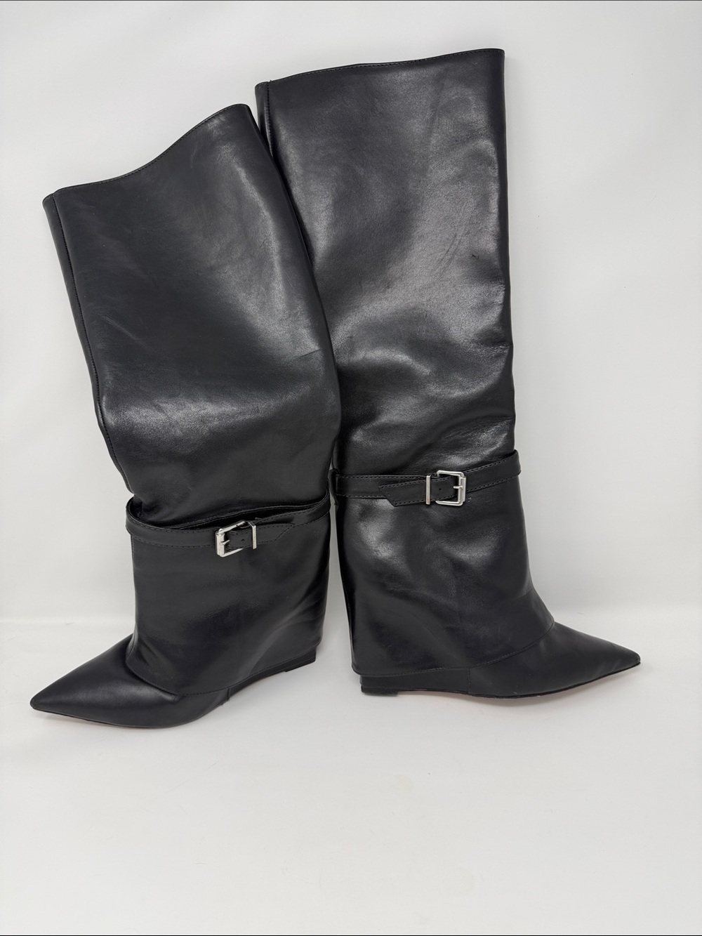 SCHUTZ Black Pointed-Toe Knee Boots with Buckle
